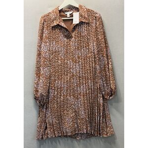 Nine West Women's Sz M Brown‎ Geometric Swing Lined Pleated Collar Shift Dress